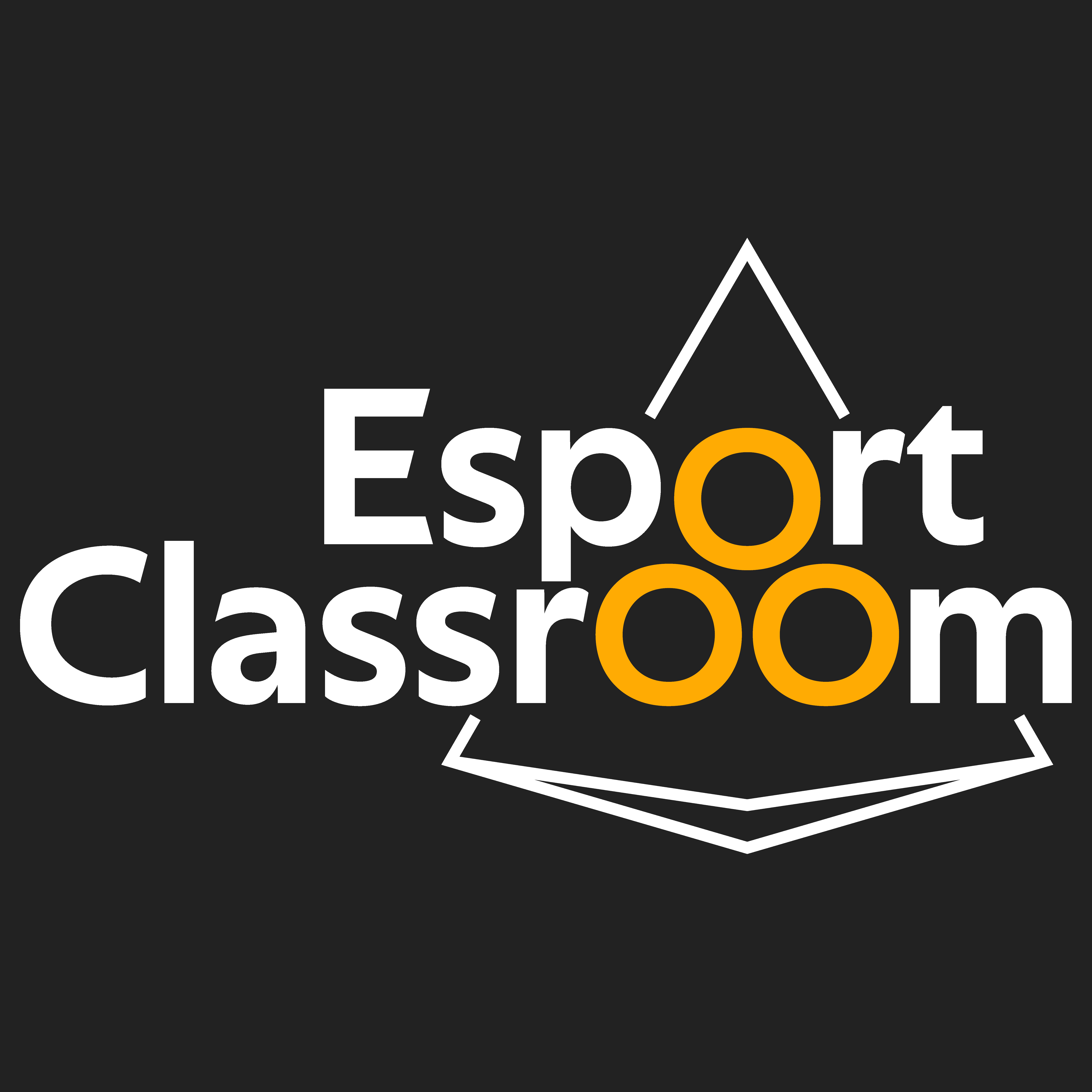 Logo Esport Classroom Orbial en blanc sur fond noir avec les trois O disposés en triforce et écrits en orange.